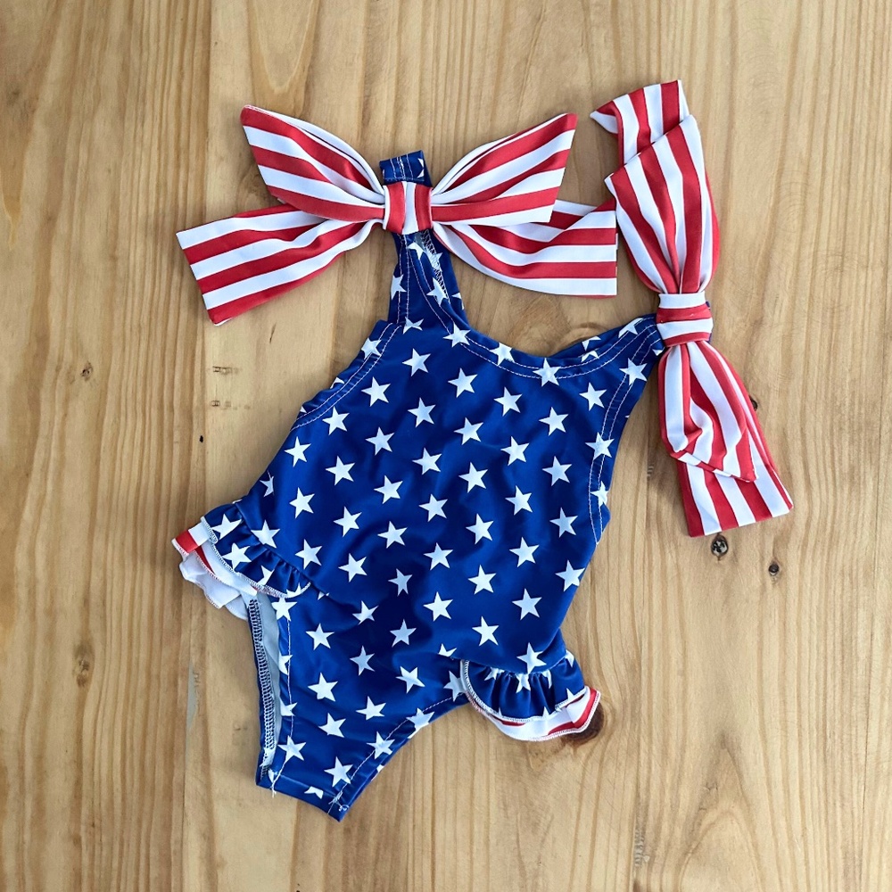 Pretty Girls One-Piece Swimsuit Kids Swimwear July 4th Stars & Stripes 18-24M